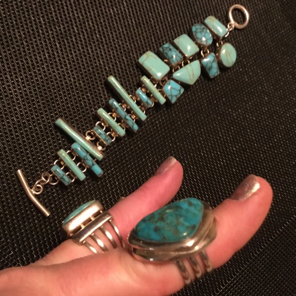 Huge Bold 3pc Artisan Genuine Turquoise .925 Stamped Sterling Trio “8 Rg’s 8 & 9 - Picture 13 of 16